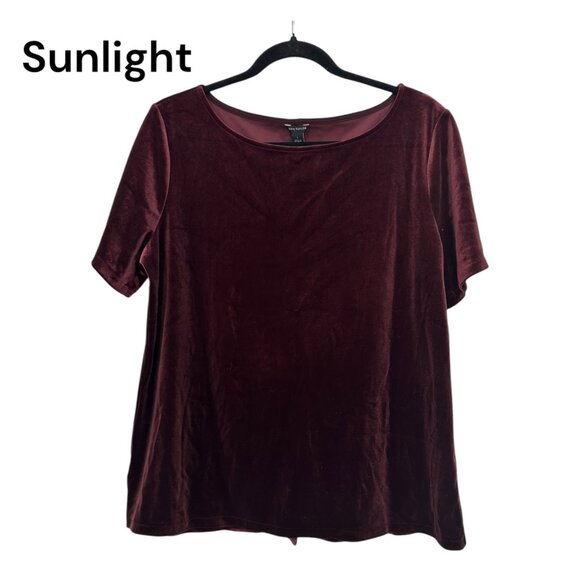 Ann Taylor Women SZ L Velvet Burgundy Short Sleeve Top Basic Stretch - Picture 1 of 11